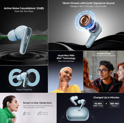 boAt Airdopes 280 ANC Truly Wireless in-Ear Earbuds with 32dB ANC, Ambient Mode, 60HRS Playback, 13mm Drivers, 4 Mics ENx™, in-Ear Detection, ASAP™ Charge,Beast Mode,IPX5 Ear Buds TWS (Active Black) - Nalanda Enterprises
