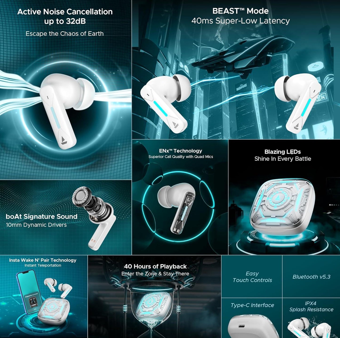 boAt Immortal Airspeed Pro Truly Wireless in- Ear Earbuds w/ 32dB ANC, Beast™ Mode with 40ms Latency, 40hrs Playback, 4 Mics with ENx™, Premium ID w/LEDs & ASAP™ Charge(White Sabre) - Nalanda Enterprises