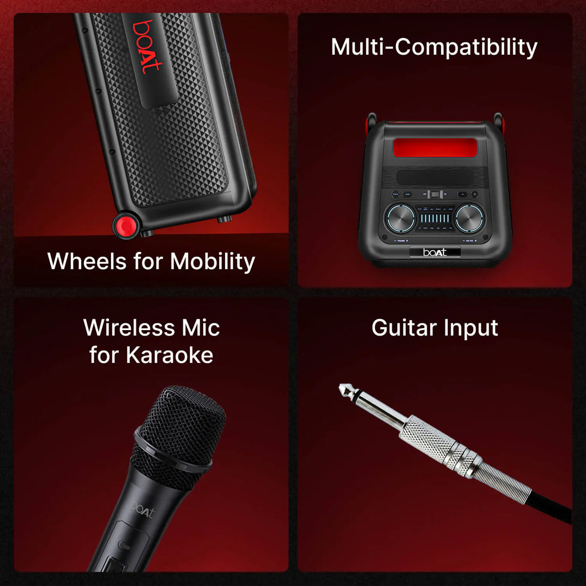 boAt portable speaker features with wheels, multi-compatibility, wireless mic, guitar input