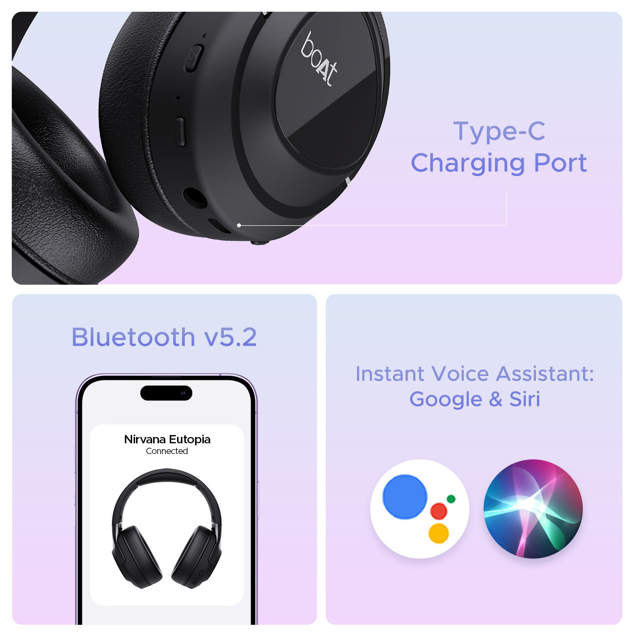 boAt Nirvana Eutopia Bluetooth Over Ear Headphones with Head Tracking Function, Spatial Audio,20 HRS Playtime, ENx Tech, ASAP Charge, Hearables App(Android & iOS Compatible)(Primia Black) - Nalanda Enterprises