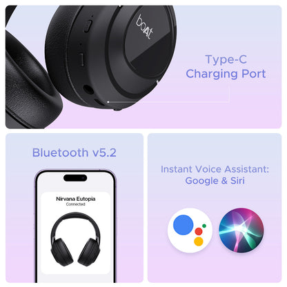 boAt Nirvana Eutopia Bluetooth Over Ear Headphones with Head Tracking Function, Spatial Audio,20 HRS Playtime, ENx Tech, ASAP Charge, Hearables App(Android & iOS Compatible)(Primia Black) - Nalanda Enterprises