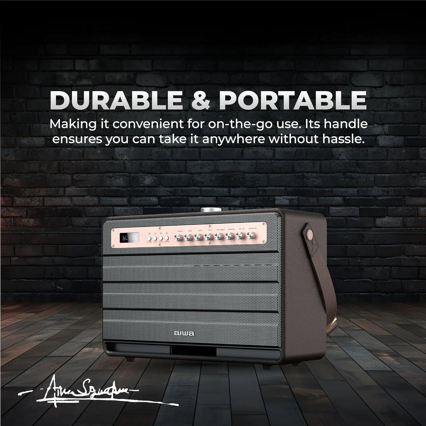 Aiwa portable Bluetooth speaker with handle on wooden floor, durable and portable design, Nalanda Enterprises wholesale corporate gifting.