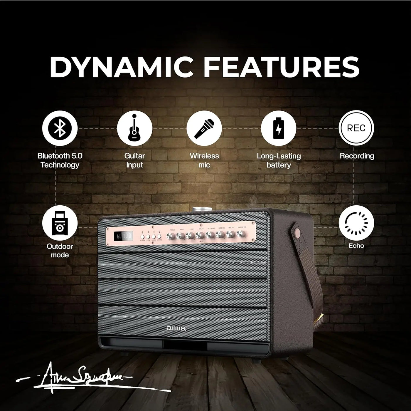 Aiwa portable Bluetooth speaker with guitar input, wireless mic, long battery, and recording features on display.