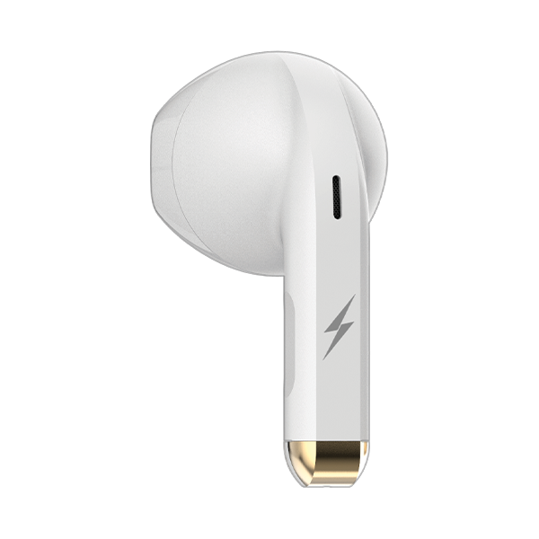 White wireless earbud with gold accent, available at Nalanda Enterprises for corporate gifting