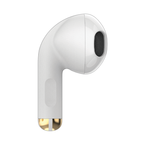 Close-up of a white wireless earbud, available for corporate gifting at Nalanda Enterprises