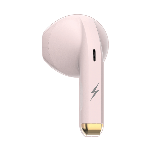 Pink wireless earbud with lightning symbol, distributed by Nalanda Enterprises India