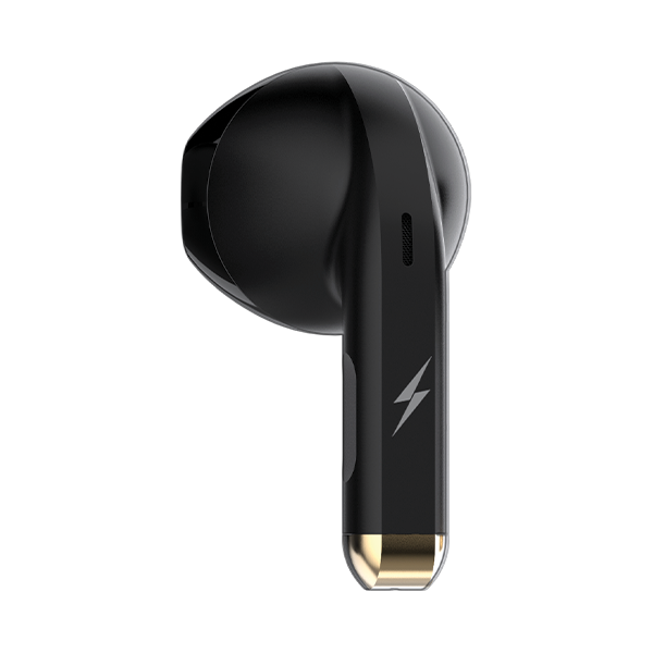 Black wireless earbud with gold tip, displayed on Nalanda Enterprises corporate gifting site