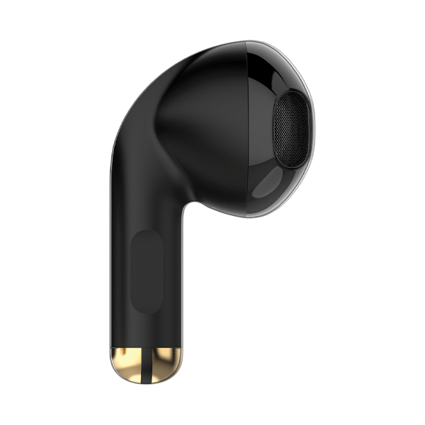 Black wireless earbud with gold accent, retail product at Nalanda Enterprises India