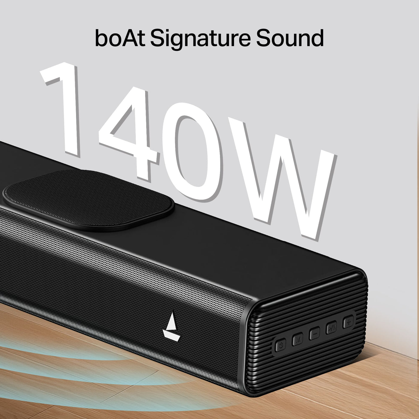 boAt 140W signature soundbar speaker on wood floor, Nalanda Enterprises corporate gifting