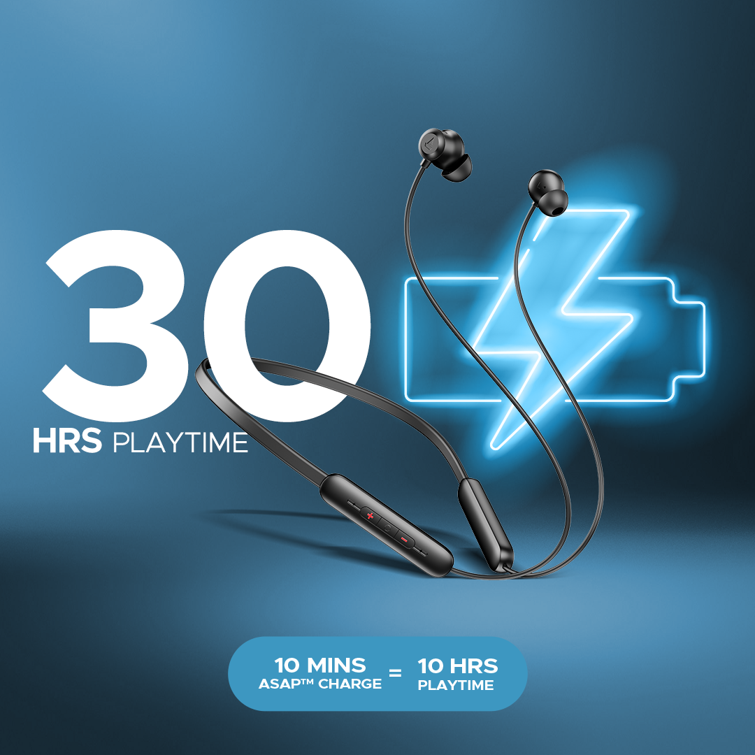 Black wireless neckband earphones with 30 hours playtime, fast charging, Nalanda Enterprises