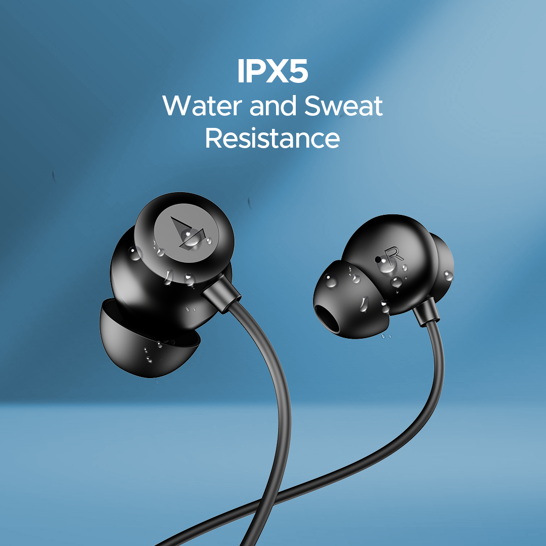 Black Boat earphones with IPX5 water and sweat resistance, showcased by Nalanda Enterprises