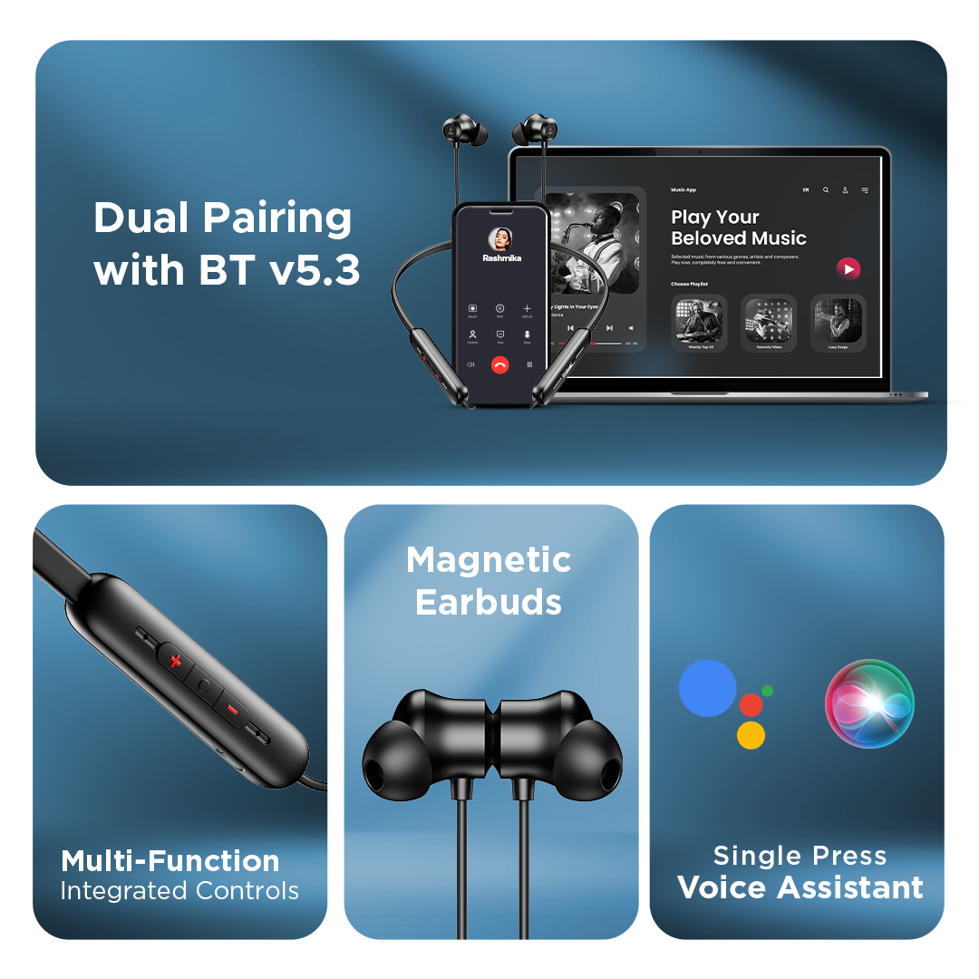Bluetooth neckband earphones with dual pairing, magnetic earbuds, multi-function controls, and voice assistant, showcased by Nalanda Enterprises.
