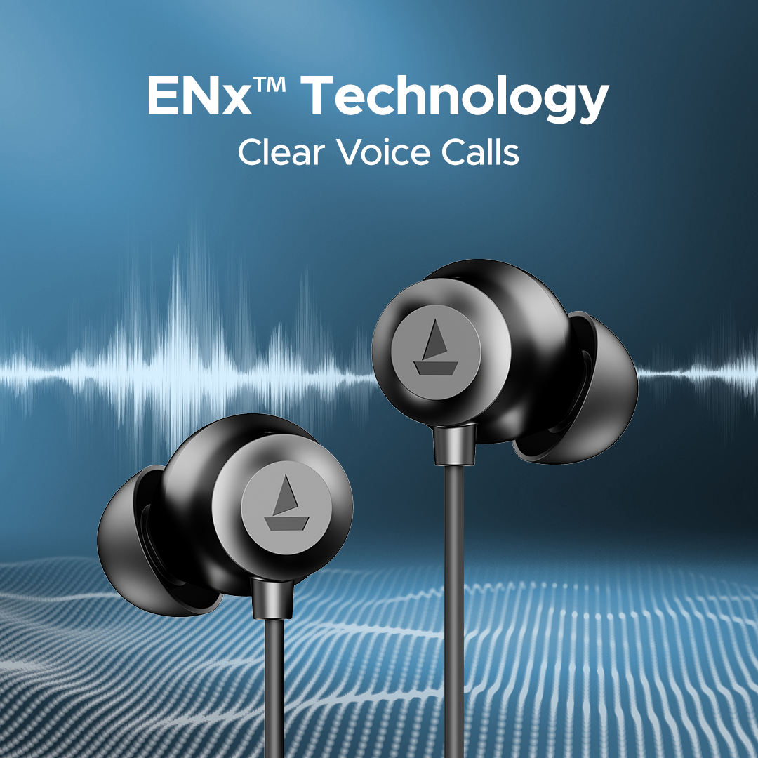 Boat wired earphones with ENx Technology for clear voice calls, promoted by Nalanda Enterprises