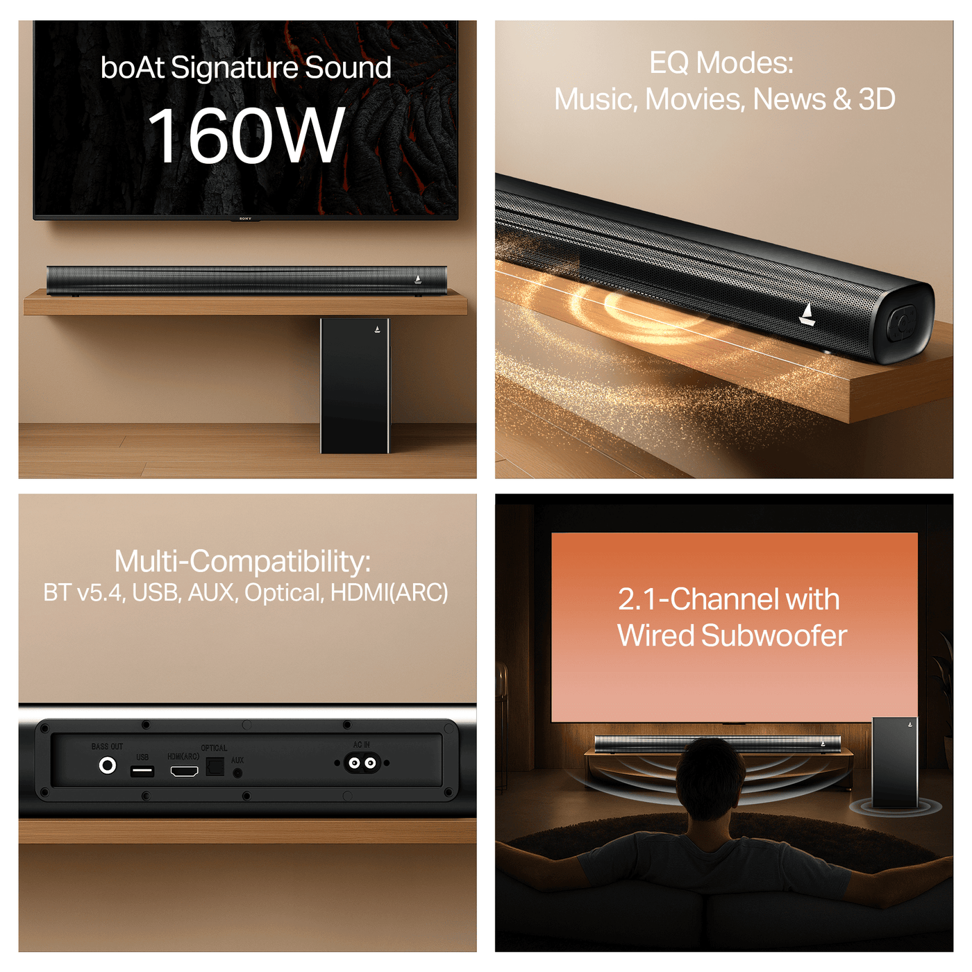 boAt 160W soundbar with wired subwoofer, multi-compatibility, EQ modes, available at Nalanda Enterprises