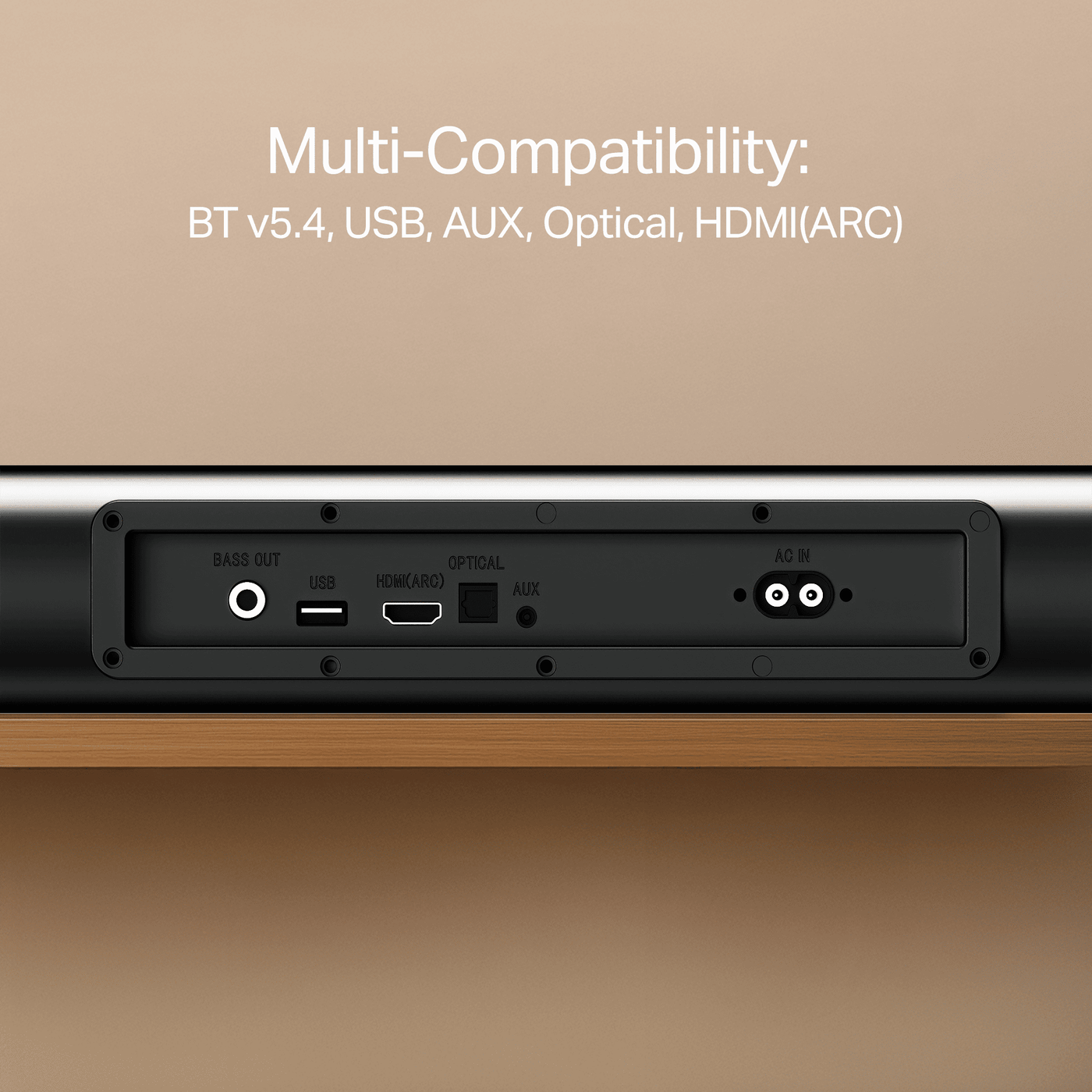 Soundbar rear panel with multi-compatibility ports: USB, AUX, HDMI ARC, Optical, at Nalanda Enterprises