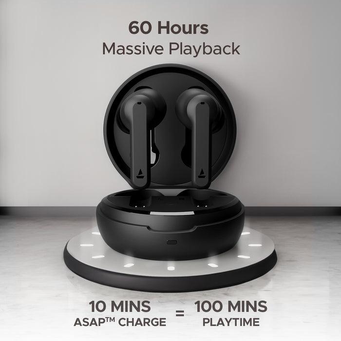 boAt Airdopes Sonik in Ear TWS Earbuds with 60 hrs Playback, IWP Tech, Quad Mics with ENx, ASAP Charge, 11 mm Drivers, BT v5.3 & IPX4 Sweat and Splash Resistance - Nalanda Enterprises