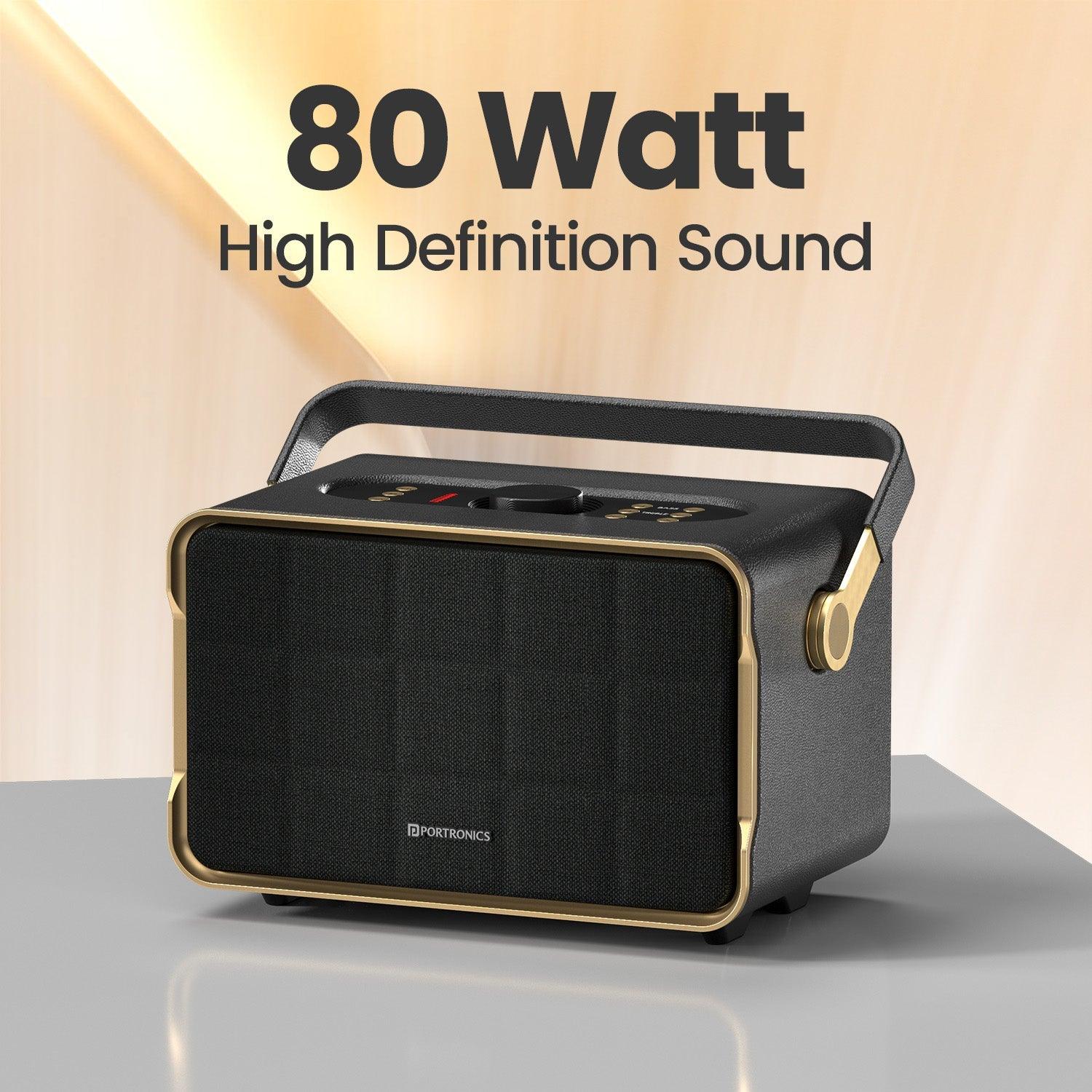Portronics Harmony 80W Premium Portable HD Sound Speaker, Upto 6 Hours Playtime, 2.1 Channel, Bass Boost Technology, Bass/Treble Adjustment, Bluetooth Connectivity, Aux in, USB in, Bass Radiator - Nalanda Enterprises
