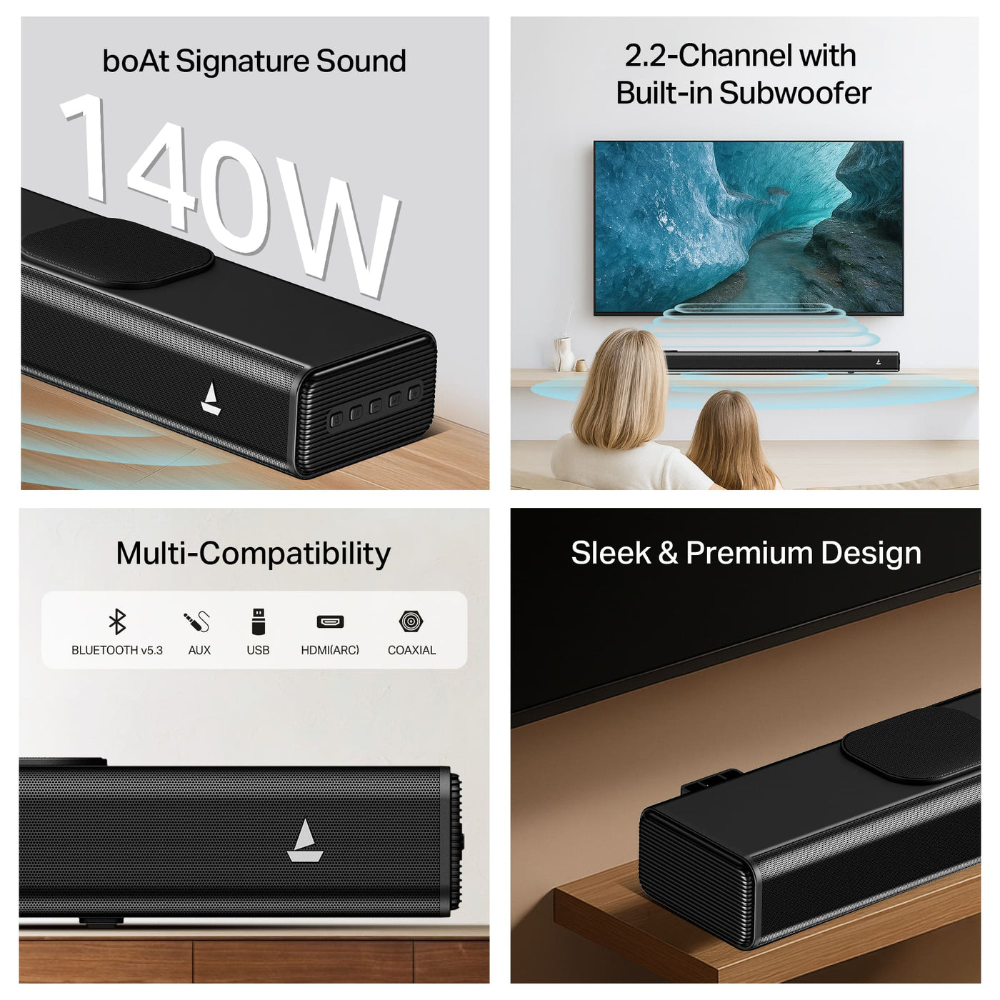 boAt soundbar 140W with subwoofer, multi-compatibility, premium design at Nalanda Enterprises