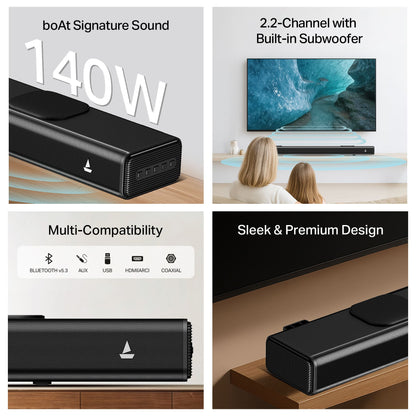 boAt Aavante Raga Plus | 140W 2.2 Channel Soundbar with Built-in Subwoofer & Multi-Connectivity