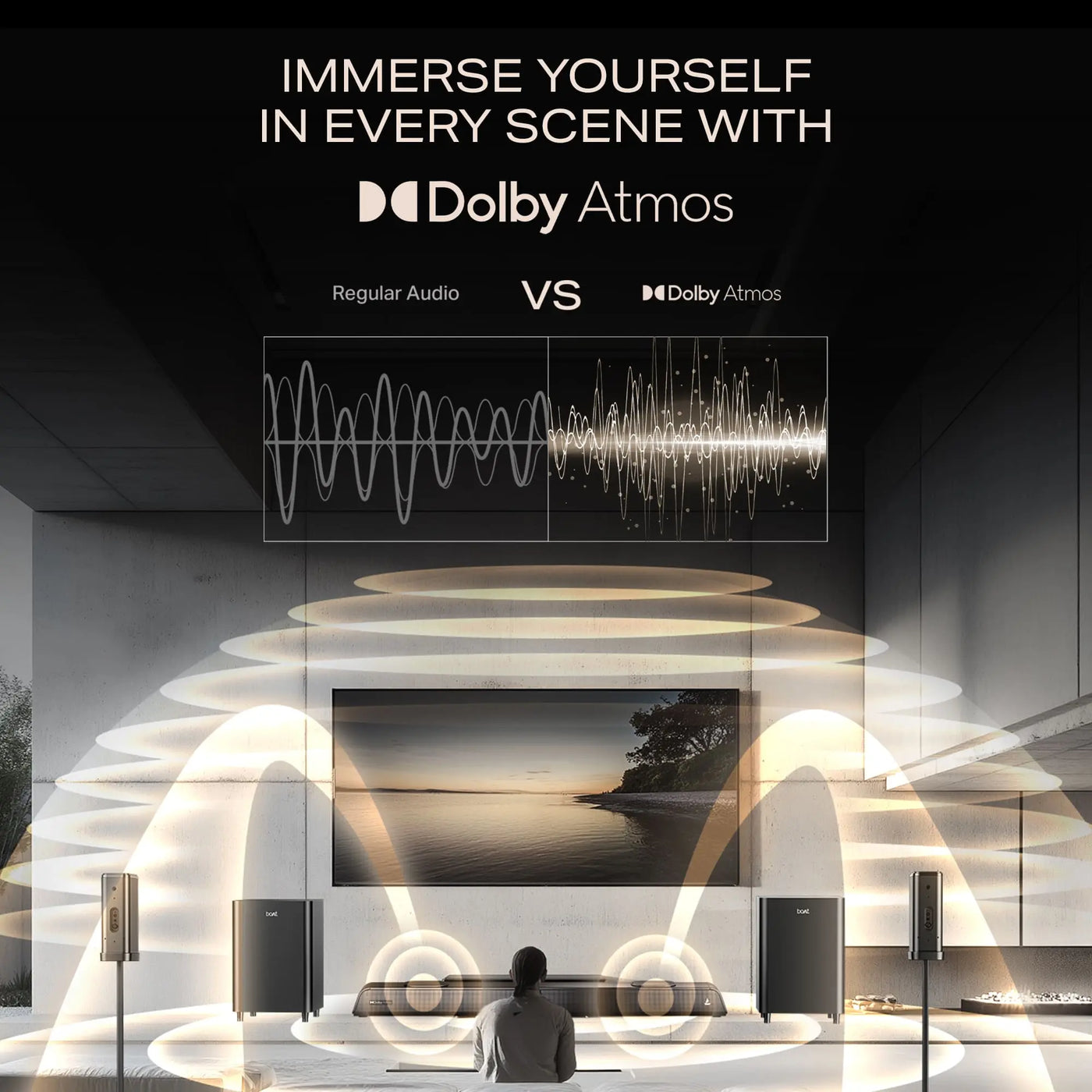 Living room with immersive Dolby Atmos sound system by Boat, person facing TV, audio waves visualization.