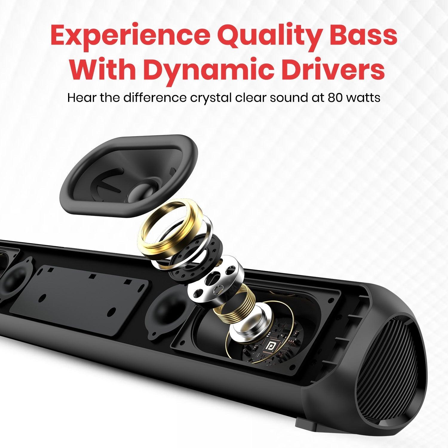 Portronics Pure Sound Pro X 80W Bluetooth Soundbar with Wired Subwoofer for Deep Bass, 2.1 Channel Home Theatre, HD Sound,3EQ Modes, BT 5.3V,HDMI,AUX in,USB Port,Sleek Design & Remote Control - Nalanda Enterprises