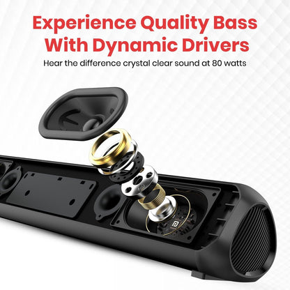 Portronics Pure Sound Pro X 80W Bluetooth Soundbar with Wired Subwoofer for Deep Bass, 2.1 Channel Home Theatre, HD Sound,3EQ Modes, BT 5.3V,HDMI,AUX in,USB Port,Sleek Design & Remote Control - Nalanda Enterprises