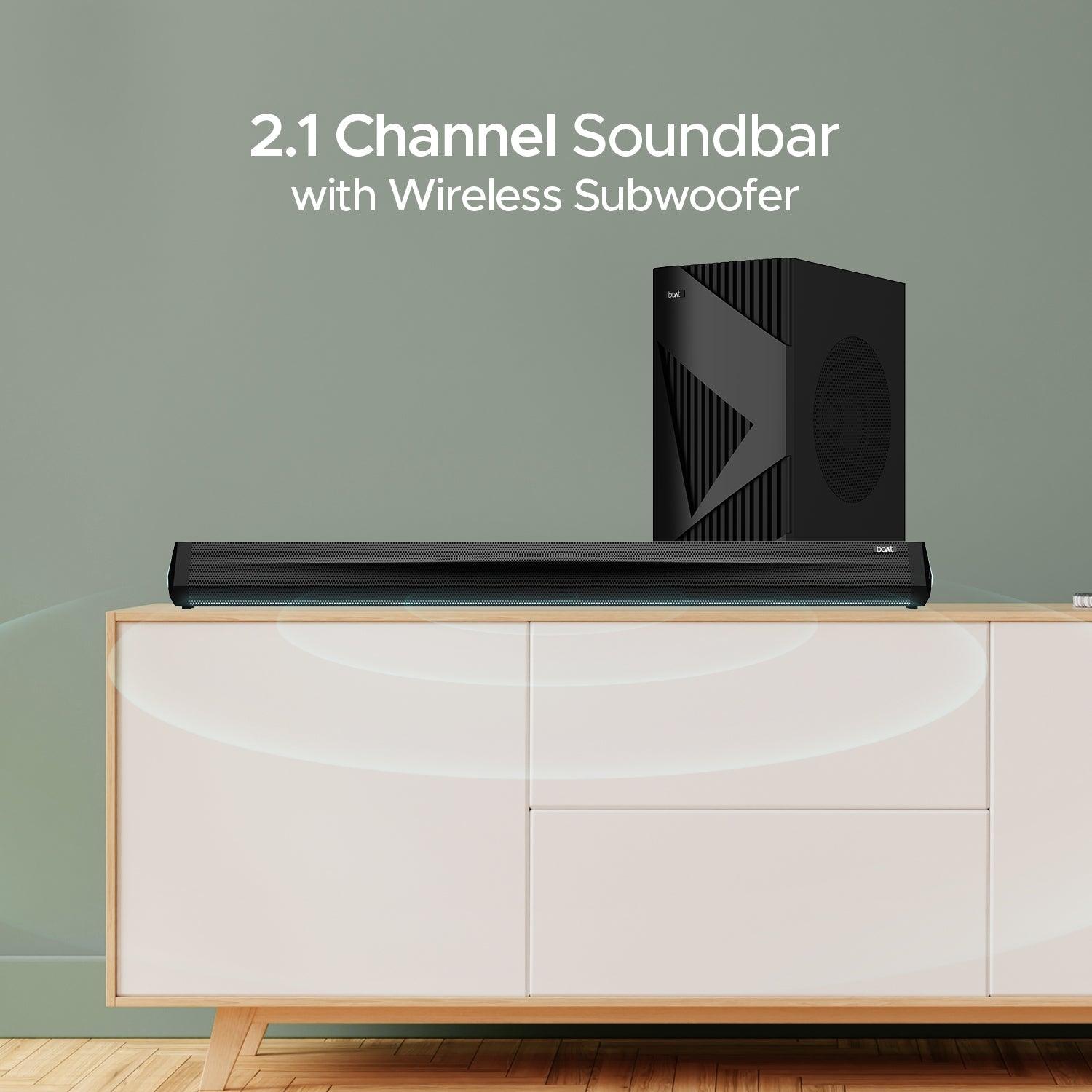 boAt Aavante Bar Theme | 2.1 Channel Soundbar with Wireless Subwoofer, 160W RMS boAt Signature Sound, Bass & Treble Control - Nalanda Enterprises