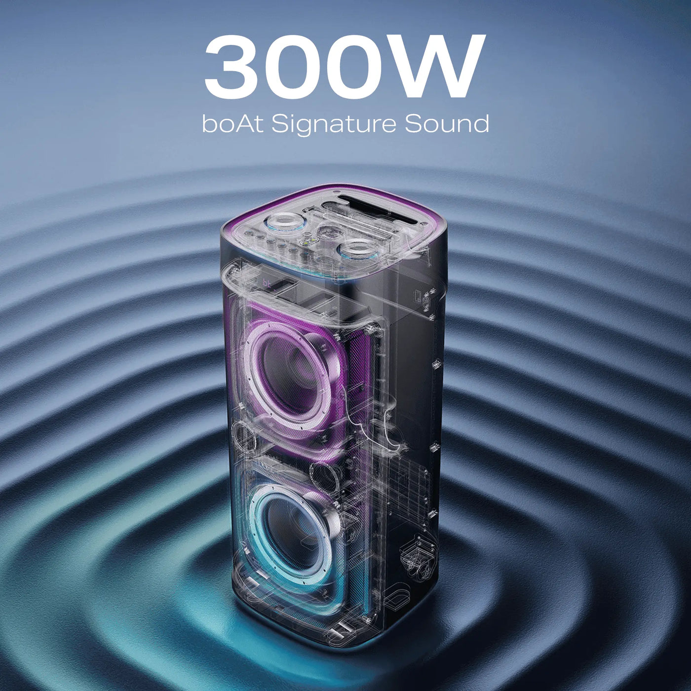 boAt 300W speaker with LED lights, transparent casing, and sound waves, corporate gifting