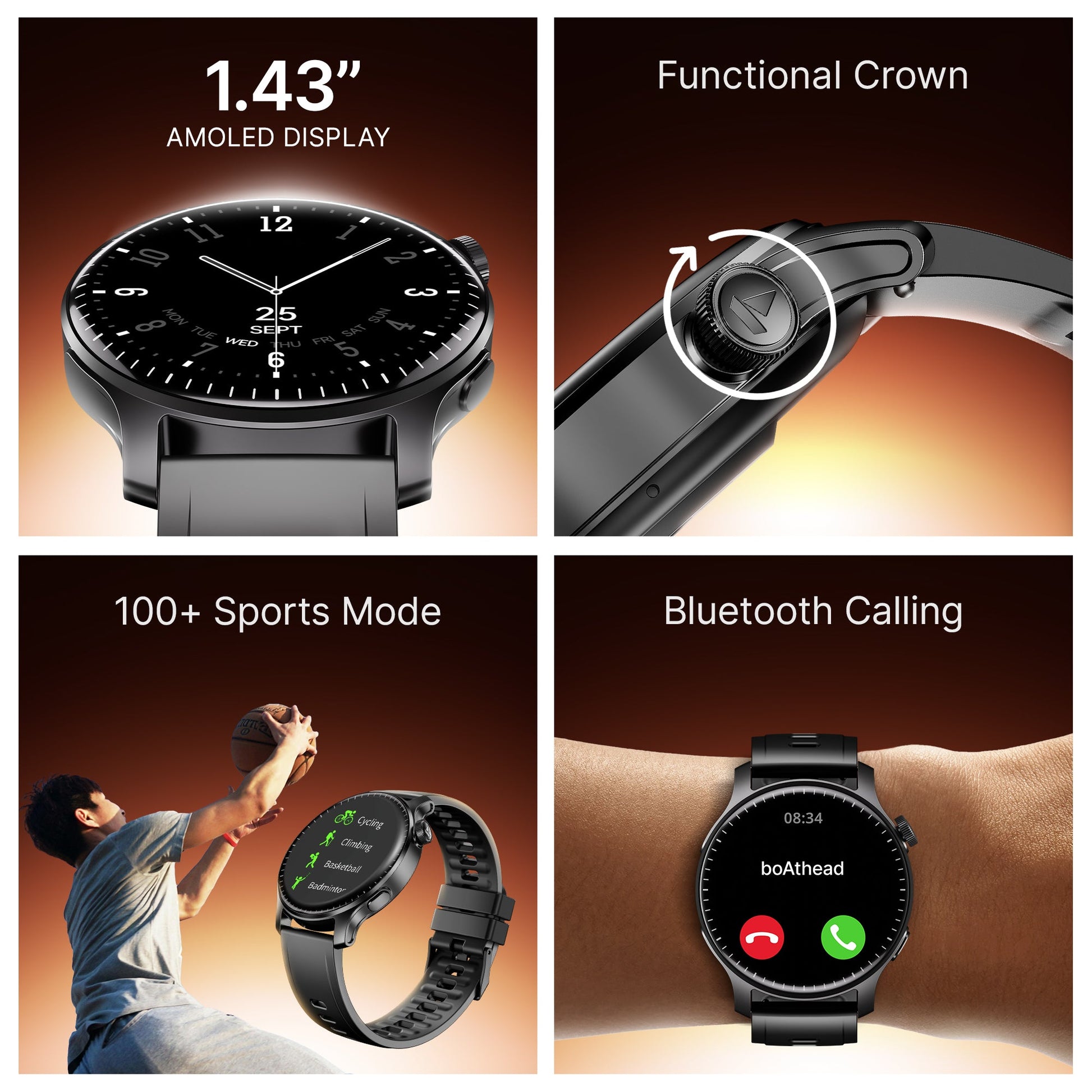 boAt Ultima Prime | Smartwatch with 1.43" AMOLED Display, Cloud Watch Faces, Emergency SOS, BT Calling, Functional Crown - Nalanda Enterprises