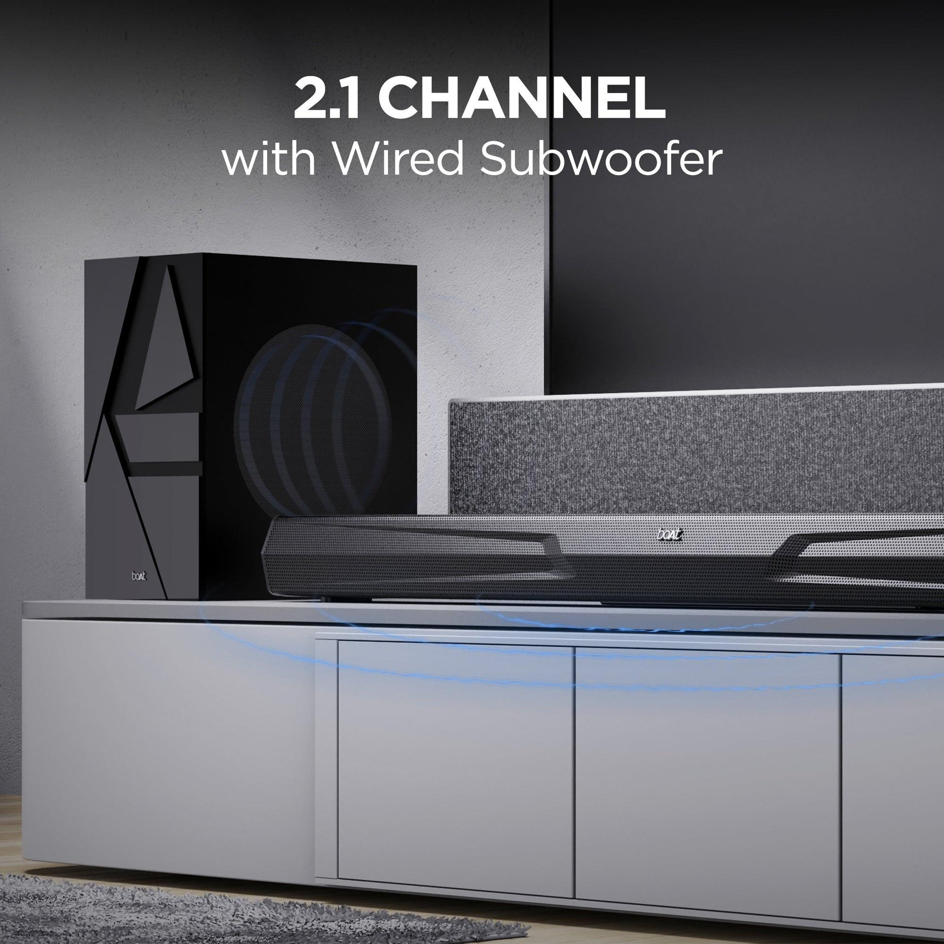 boAt Aavante Bar Quake | 200W RMS boAt Signature Sound, 2.1 Channel Soundbar with Wired Subwoofer, Entertainment EQ Modes, Bluetooth v5.3, USB, AUX, HDMI (ARC) - Nalanda Enterprises