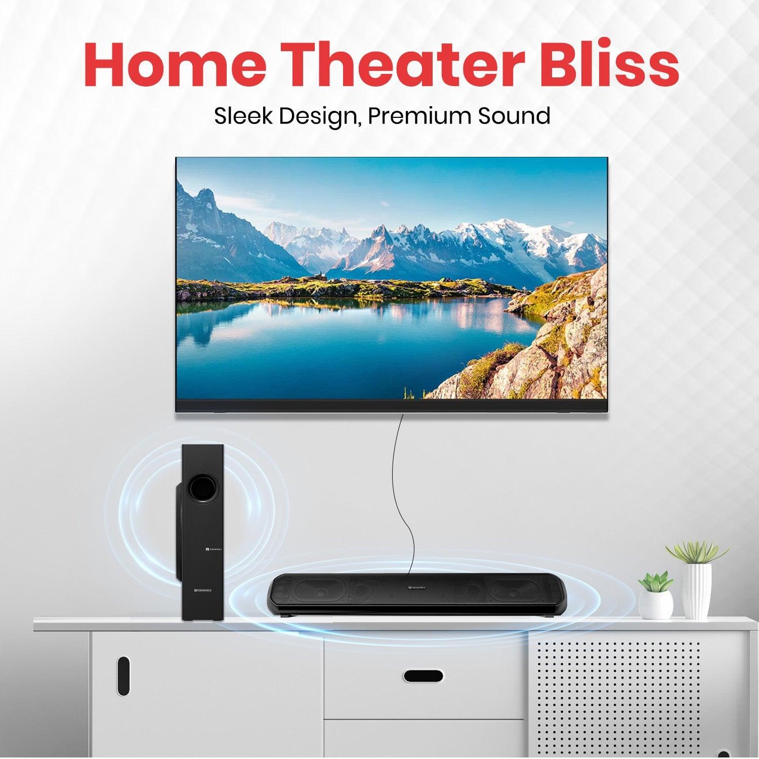 Portronics Pure Sound Pro X 80W Bluetooth Soundbar with Wired Subwoofer for Deep Bass, 2.1 Channel Home Theatre, HD Sound,3EQ Modes, BT 5.3V,HDMI,AUX in,USB Port,Sleek Design & Remote Control - Nalanda Enterprises
