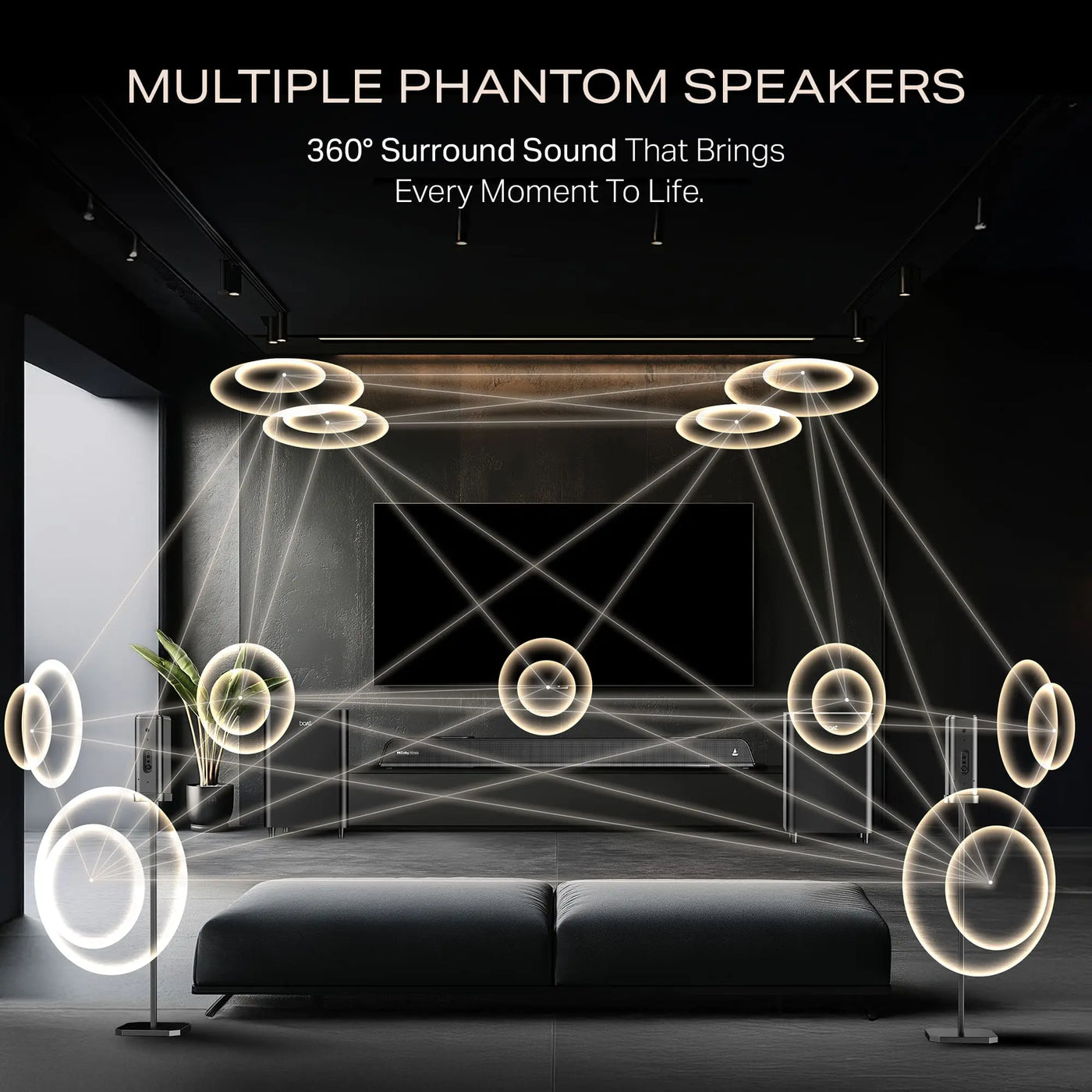 Modern living room with multiple phantom speakers illustrating 360° surround sound setup from Nalanda Enterprises