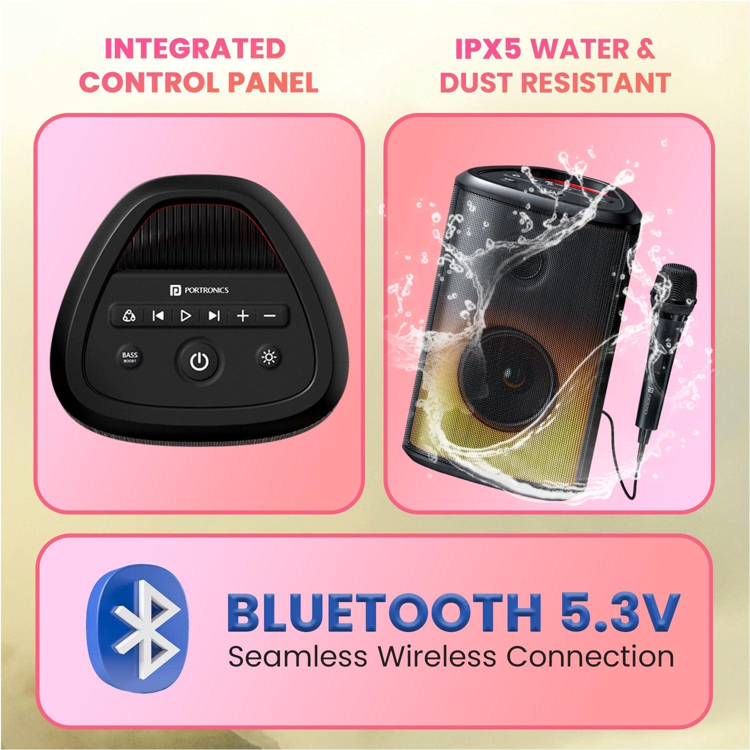 Portronics Dash 8 60W Bluetooth Party Speaker with Bass Boost Technology, Upto 6 Hours Playtime, Wired Karaoke Mic, TWS Mode, USB, AUX in, BT 5.3v, Full Screen LED Effect, Type C Charging(Black) - Nalanda Enterprises