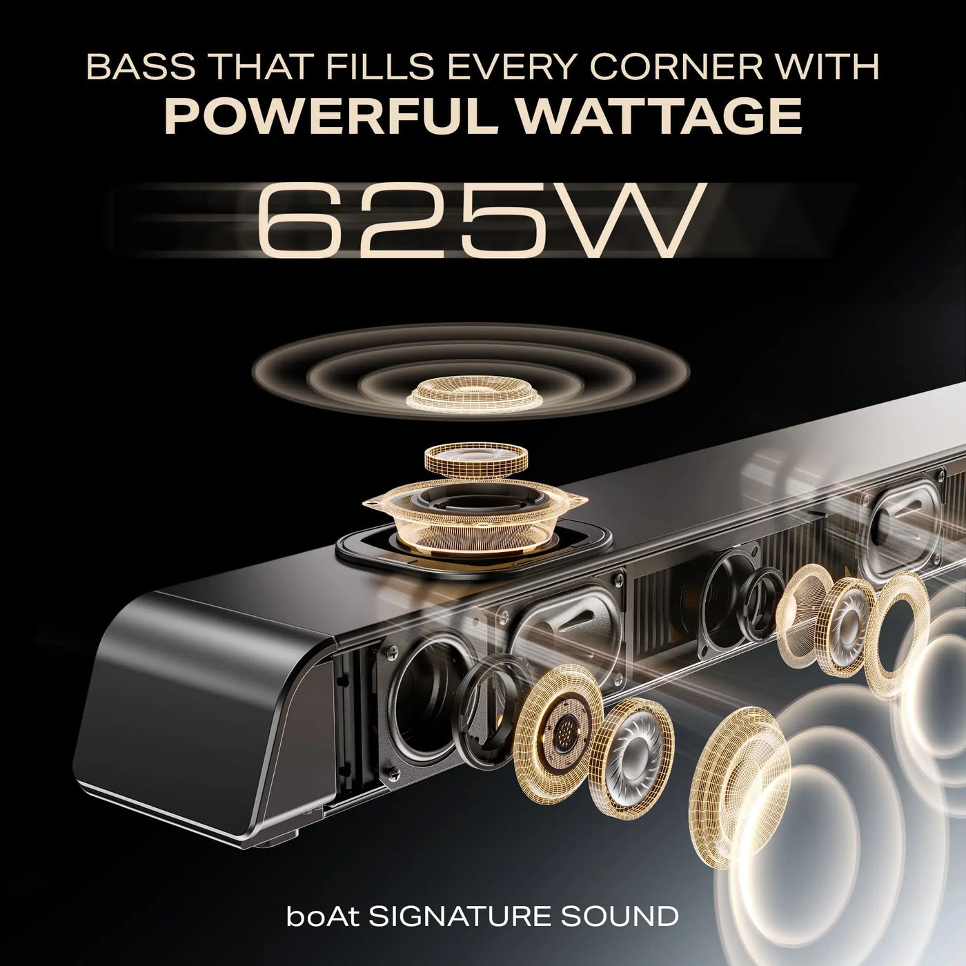 boAt 625W soundbar with powerful bass, speaker components, and signature sound branding