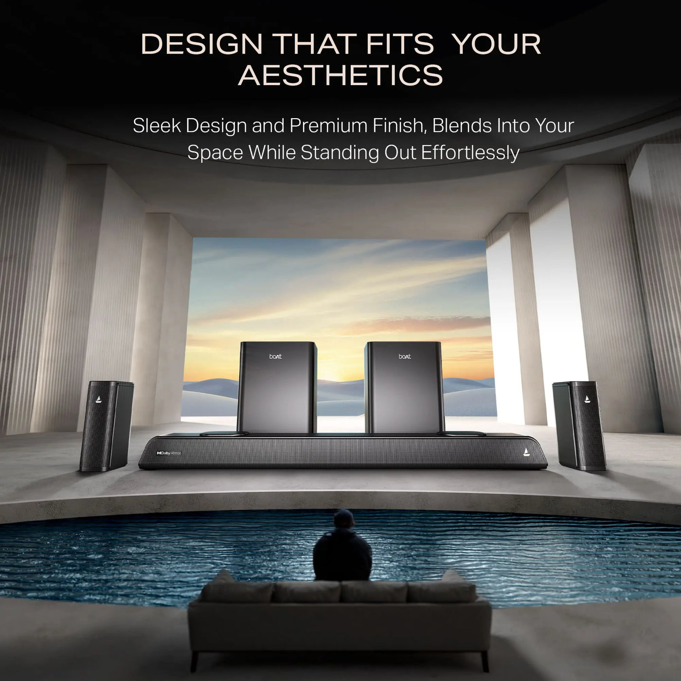 Boat soundbar and speakers in modern room with a pool, showcased by Nalanda Enterprises