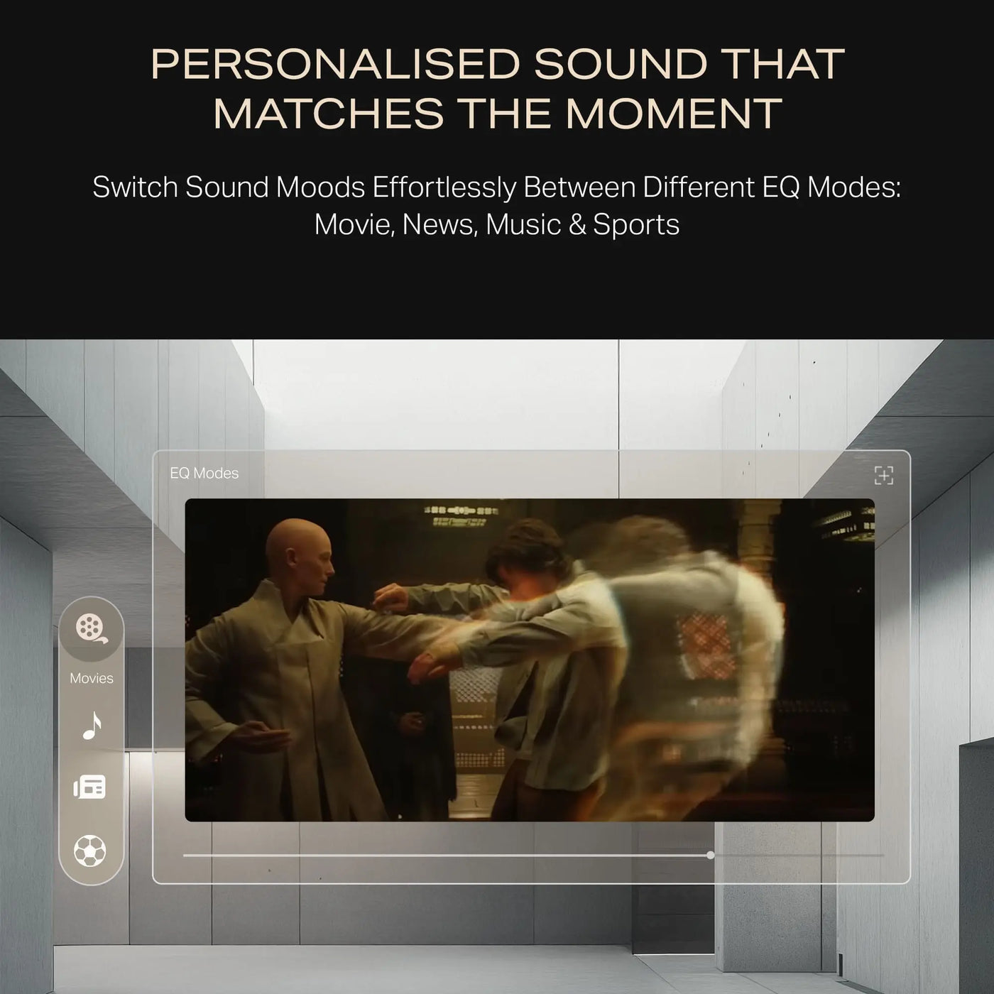 Modern media room with TV highlighting EQ sound modes for movies, music, sports by Nalanda Enterprises.