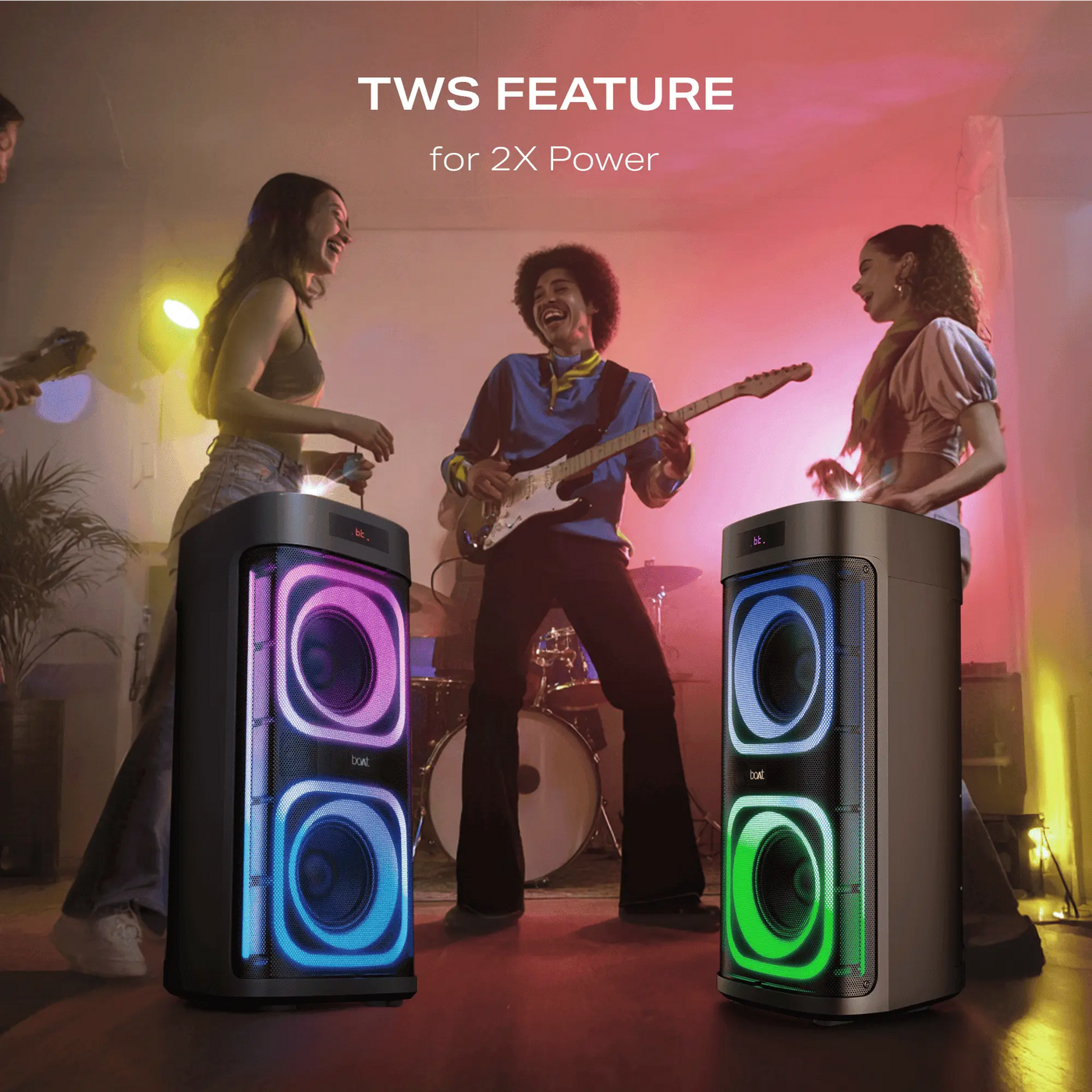 Party scene with colorful Boat speakers, musicians, and TWS feature highlighted, Nalanda Enterprises