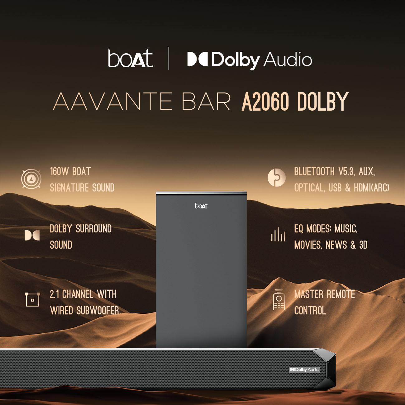 boAt Aavante Bar A2060 Dolby | 160W Dolby Soundbar, 2.1 Channel with Wired Subwoofer, Master Remote Control, Multi Connectivity - Nalanda Enterprises