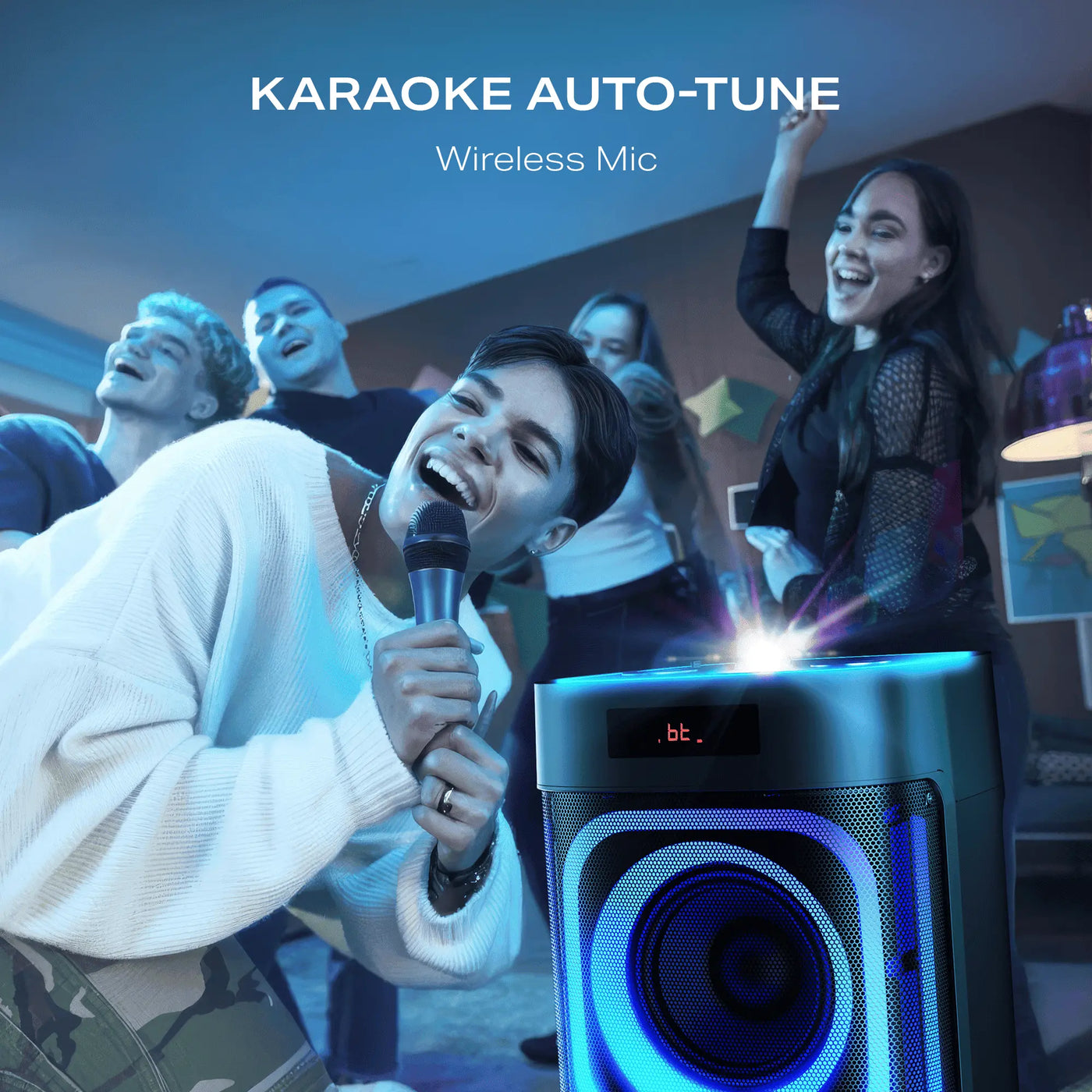Group of people singing karaoke with wireless mic and Bluetooth speaker, party setting, Nalanda Enterprises