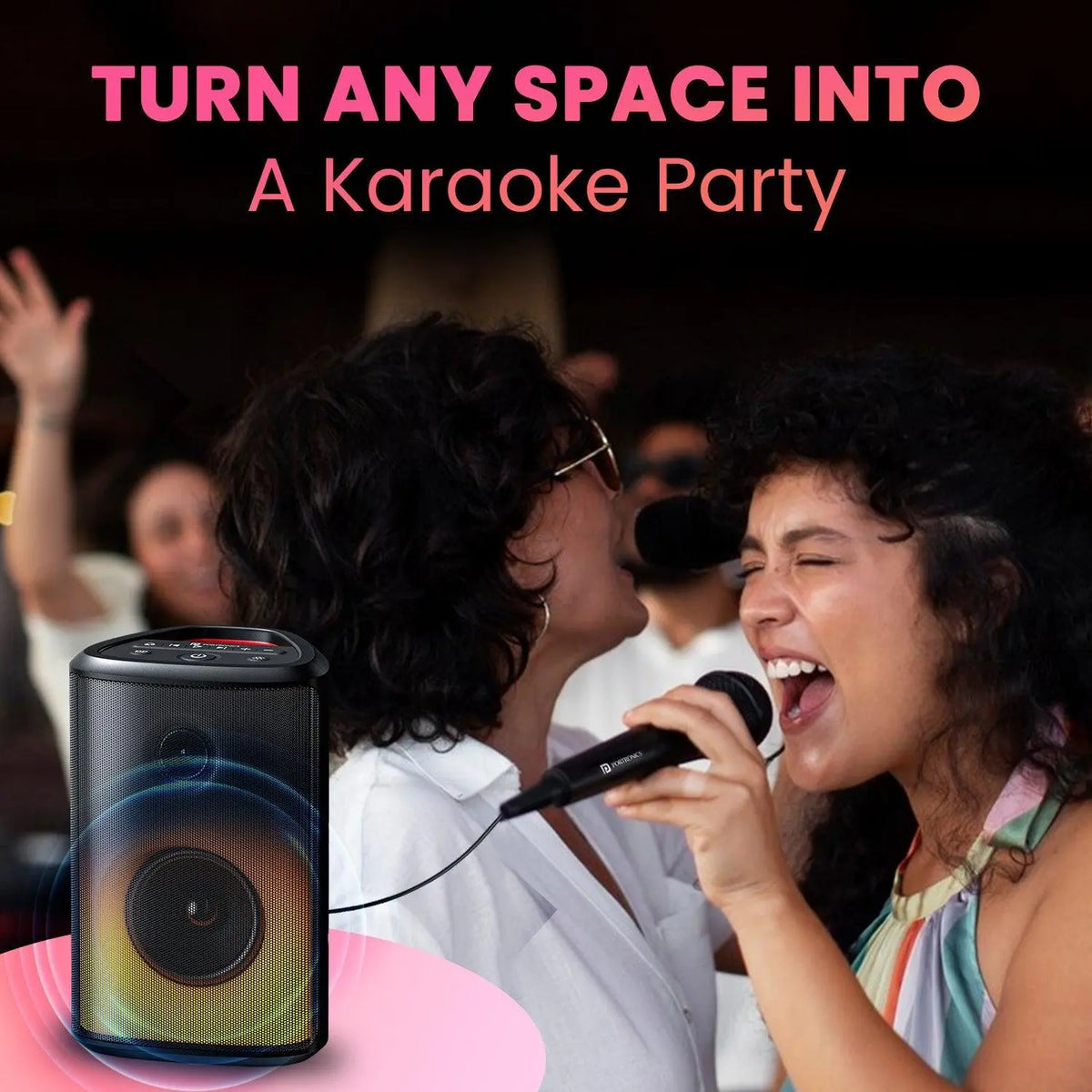 Portronics Dash 8 60W Bluetooth Party Speaker with Bass Boost Technology, Upto 6 Hours Playtime, Wired Karaoke Mic, TWS Mode, USB, AUX in, BT 5.3v, Full Screen LED Effect, Type C Charging(Black) - Nalanda Enterprises