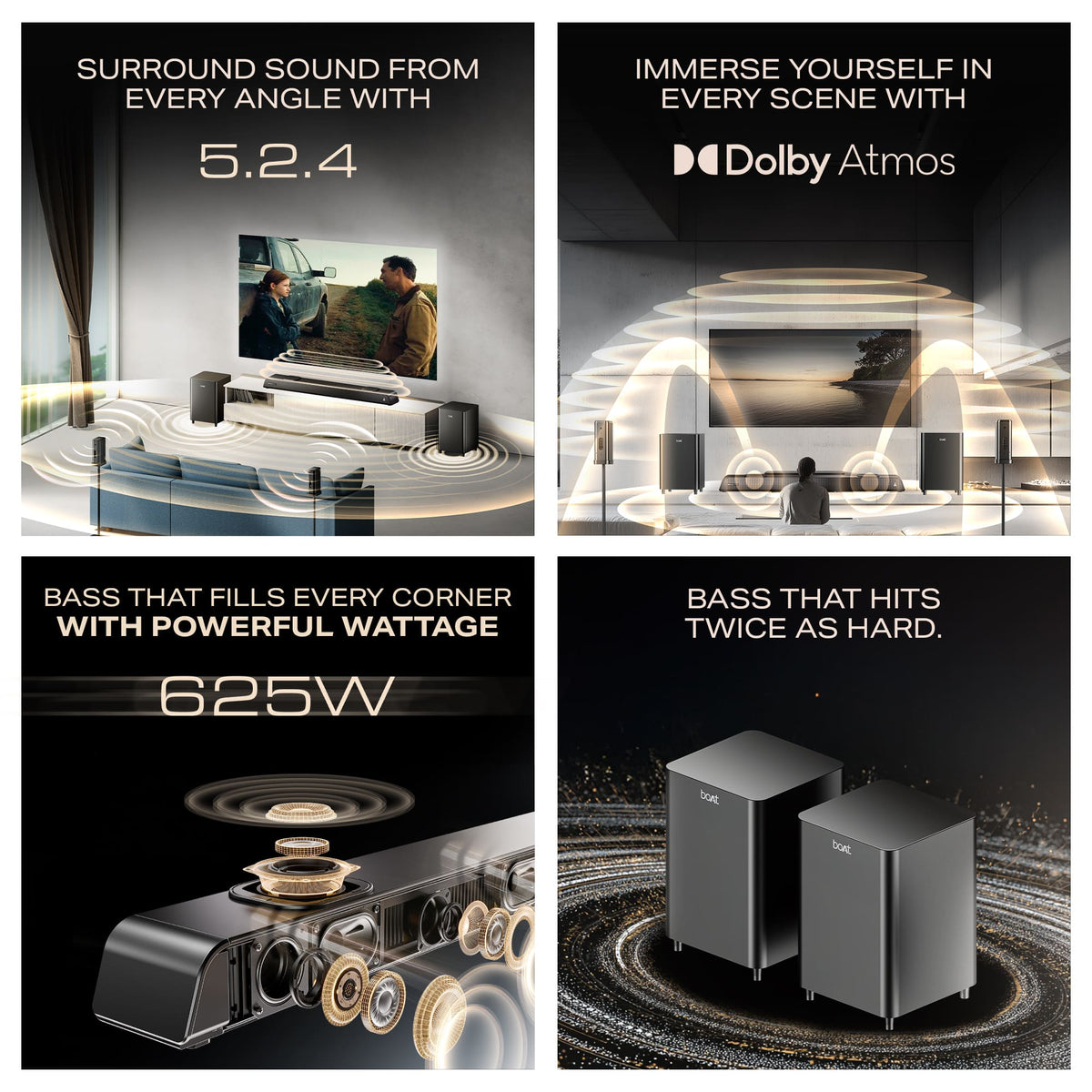 Boat home theater system with 5.2.4 surround sound, Dolby Atmos, 625W power, dual subwoofers.