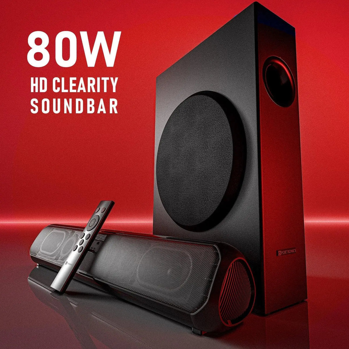 Portronics Pure Sound Pro X 80W Bluetooth Soundbar with Wired Subwoofer for Deep Bass, 2.1 Channel Home Theatre, HD Sound,3EQ Modes, BT 5.3V,HDMI,AUX in,USB Port,Sleek Design & Remote Control - Nalanda Enterprises