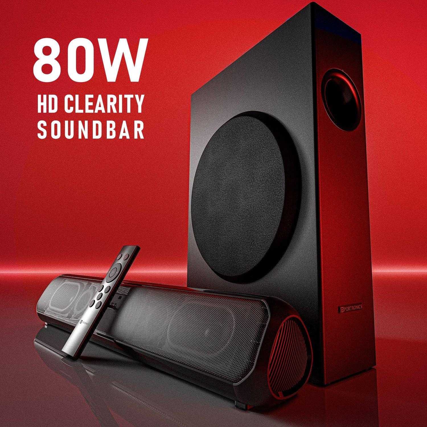 Portronics Pure Sound Pro X 80W Bluetooth Soundbar with Wired Subwoofer for Deep Bass, 2.1 Channel Home Theatre, HD Sound,3EQ Modes, BT 5.3V,HDMI,AUX in,USB Port,Sleek Design & Remote Control - Nalanda Enterprises