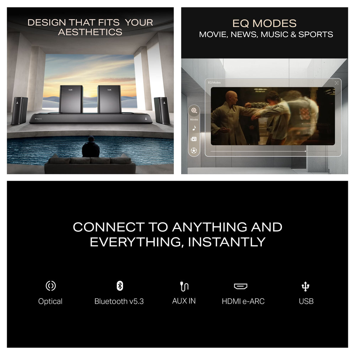 Modern home theater sound system with Bluetooth, HDMI, AUX, USB, and multiple EQ modes by Boat.