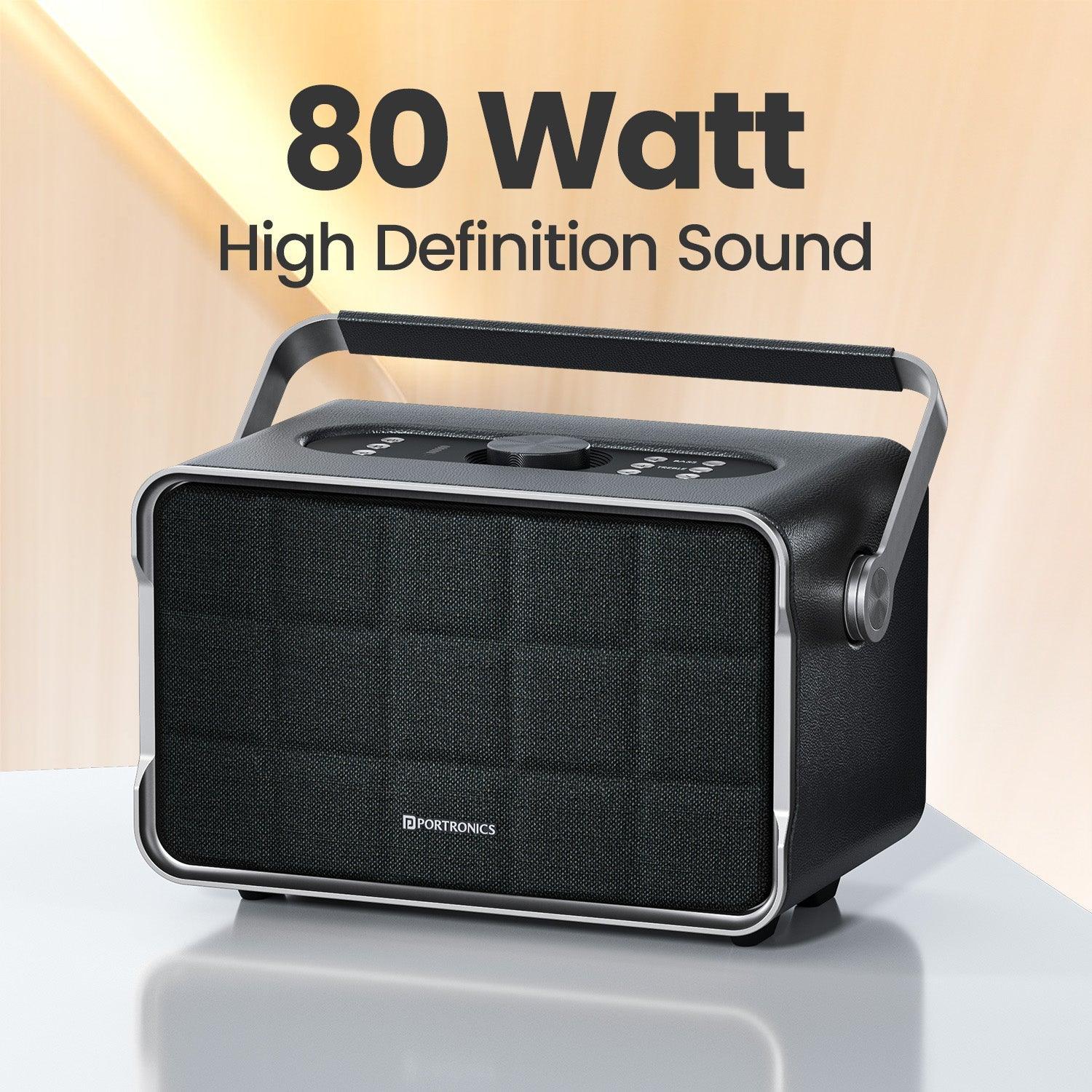 Portronics Harmony 80W Premium Portable HD Sound Speaker, Upto 6 Hours Playtime, 2.1 Channel, Bass Boost Technology, Bass/Treble Adjustment, Bluetooth Connectivity, Aux in, USB in, Bass Radiator - Nalanda Enterprises