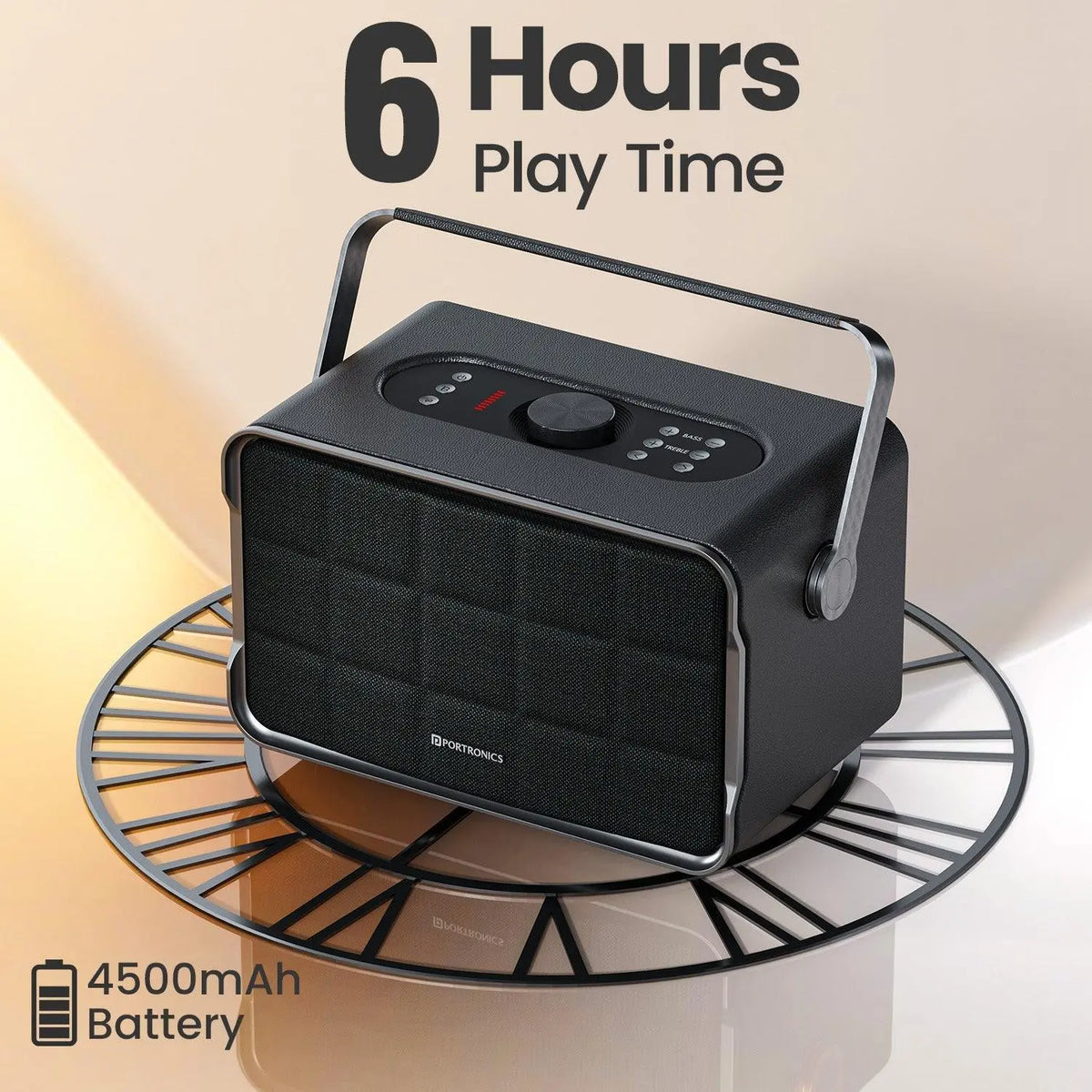 Portronics Harmony 80W Premium Portable HD Sound Speaker, Upto 6 Hours Playtime, 2.1 Channel, Bass Boost Technology, Bass/Treble Adjustment, Bluetooth Connectivity, Aux in, USB in, Bass Radiator - Nalanda Enterprises