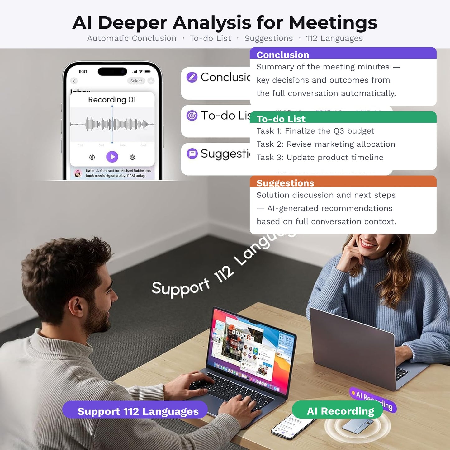 RECOLX AI Voice Recorder with Transcription — 30 Hour Battery, 64GB, 112 Languages, 71 AI Templates, GPT-5 Powered Meeting Recorder for Professionals