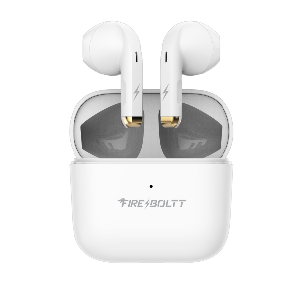 White Fireboltt wireless earbuds with charging case, displayed at Nalanda Enterprises India