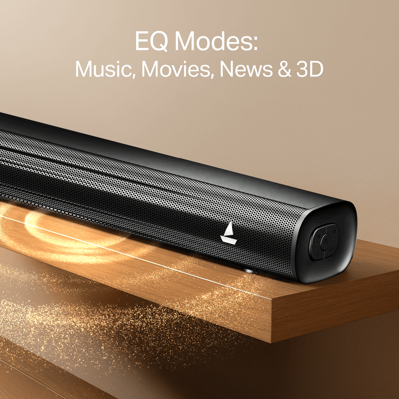 Boat soundbar with EQ modes for music, movies, news, and 3D, displayed on a table