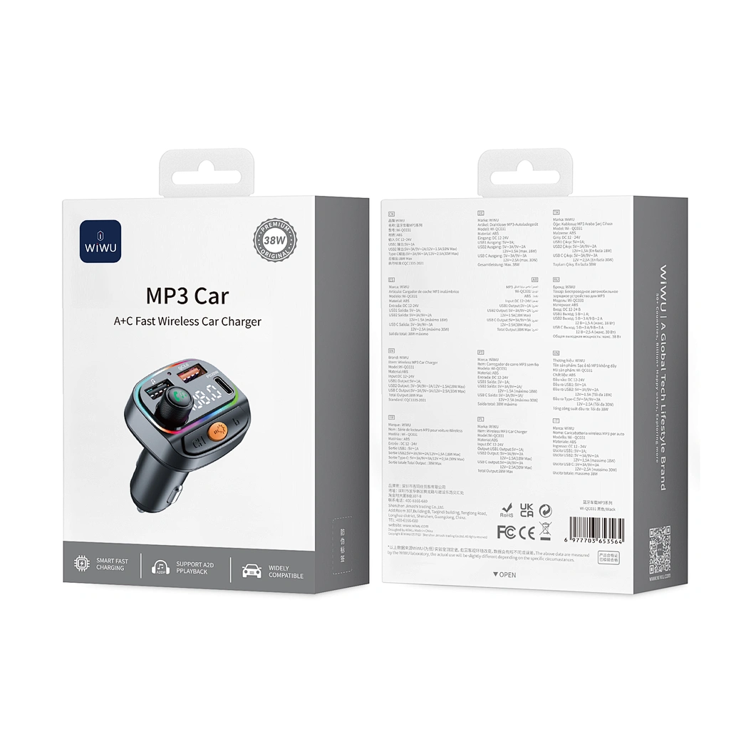 In car: WiWU FM transmitter plugged into car cigarette lighter with RGB lights glowing
